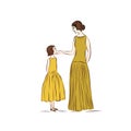 Mother love daughter dressed in yellow dresses.